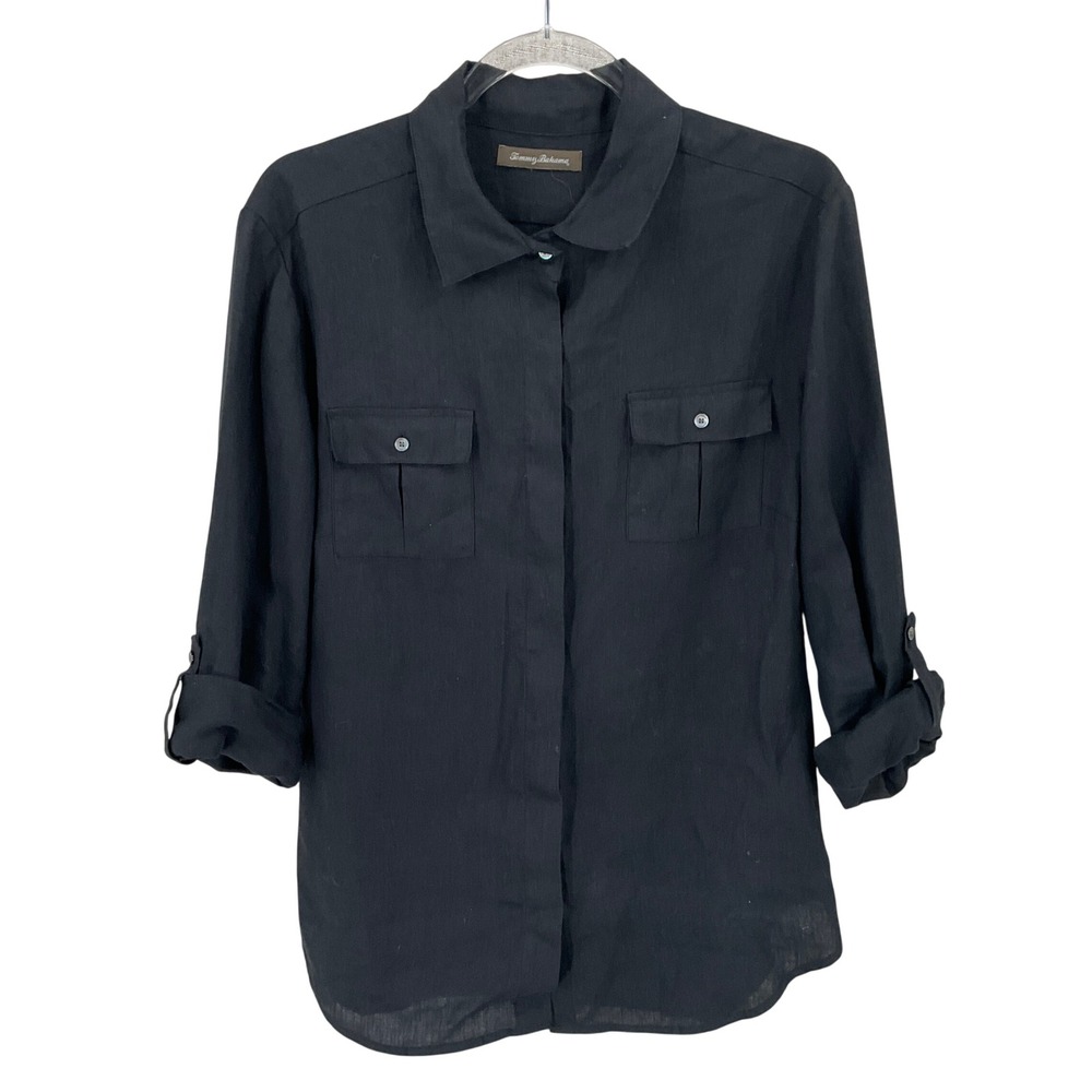 Tommy Bahama Shirt Womens XS Black Linen Roll Tab Sleeve Utility Safari Coastal